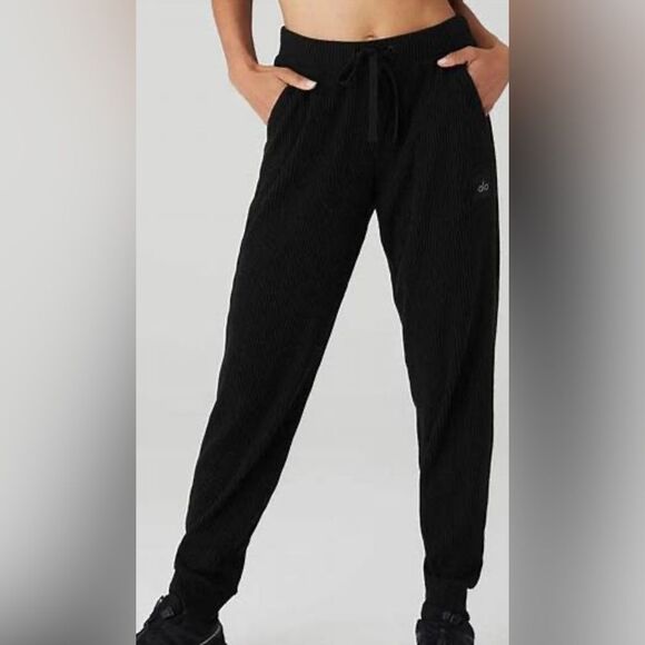 Alo Black Ribbed Joggers Size Large - Picture 1 of 4
